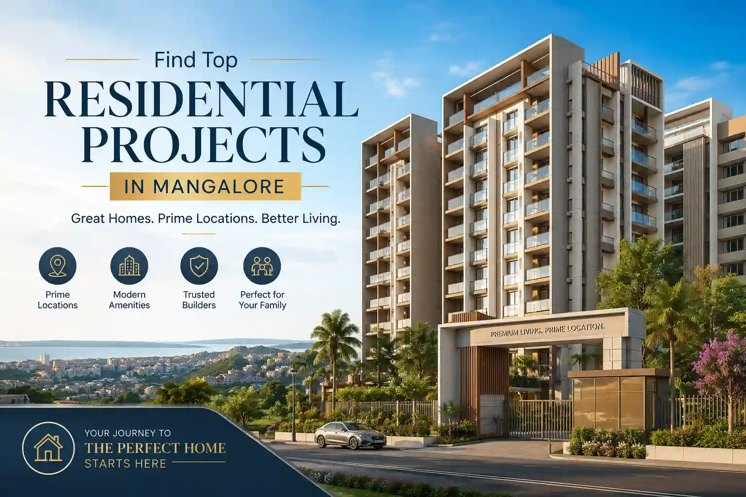 Residential skyline of Mangalore and coastal Karnataka with modern apartments, luxury villas, and green surroundings near the airport and port